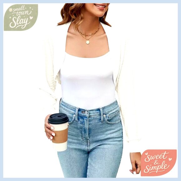 Sweaters - Summer Cropped Cardigan Open Front Long Sleeve Knit Shrug Lightweight